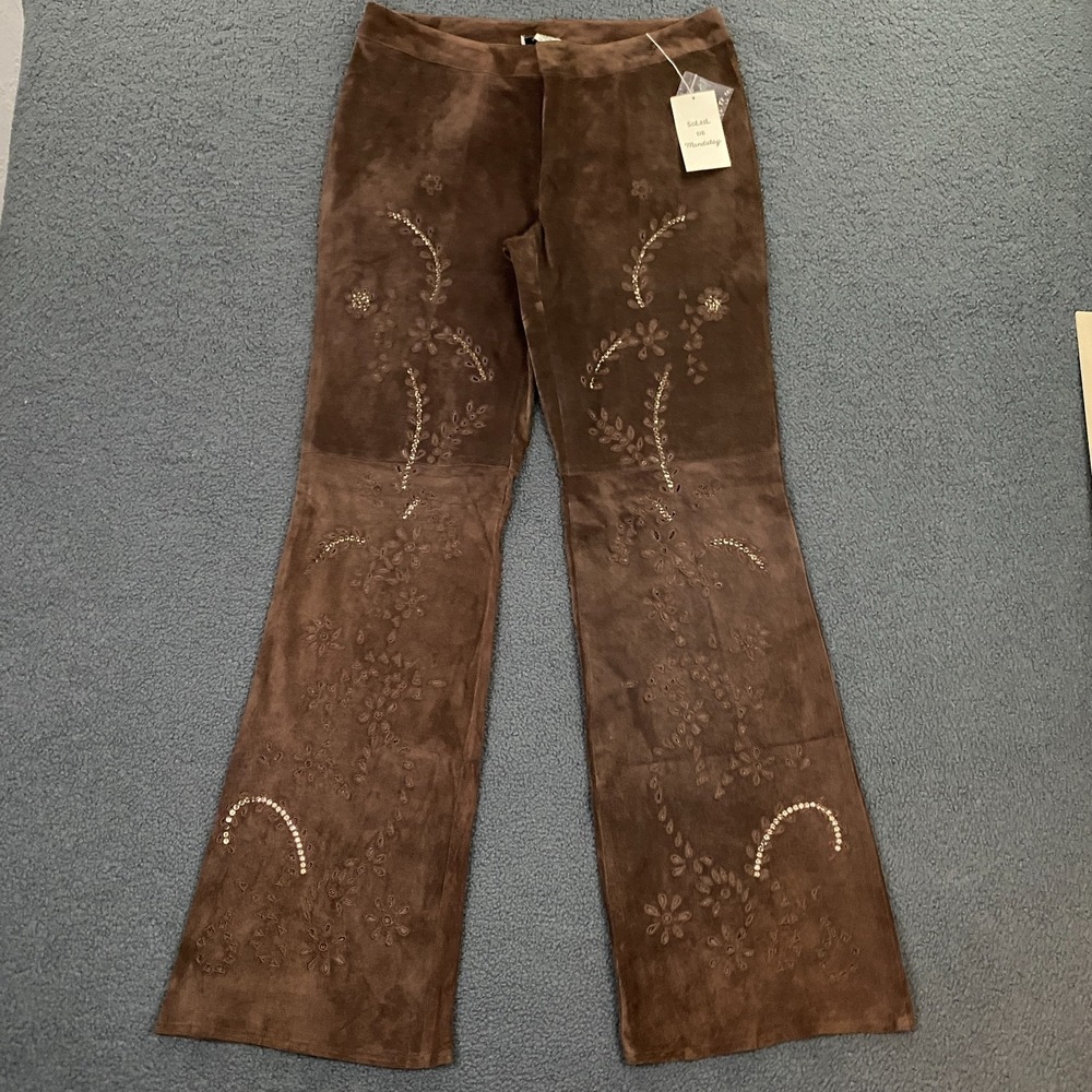 VTG Y2K Mandalay Leather Pants size 12 Brown Suede Bootcut Sequin Eyelet Western